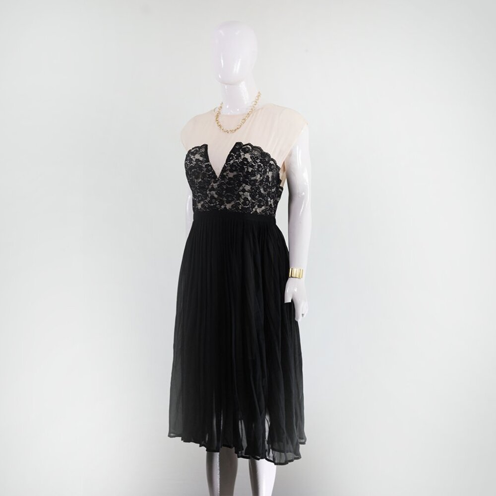 Elegant Beige & Black Lace Accent Midi Party Dress